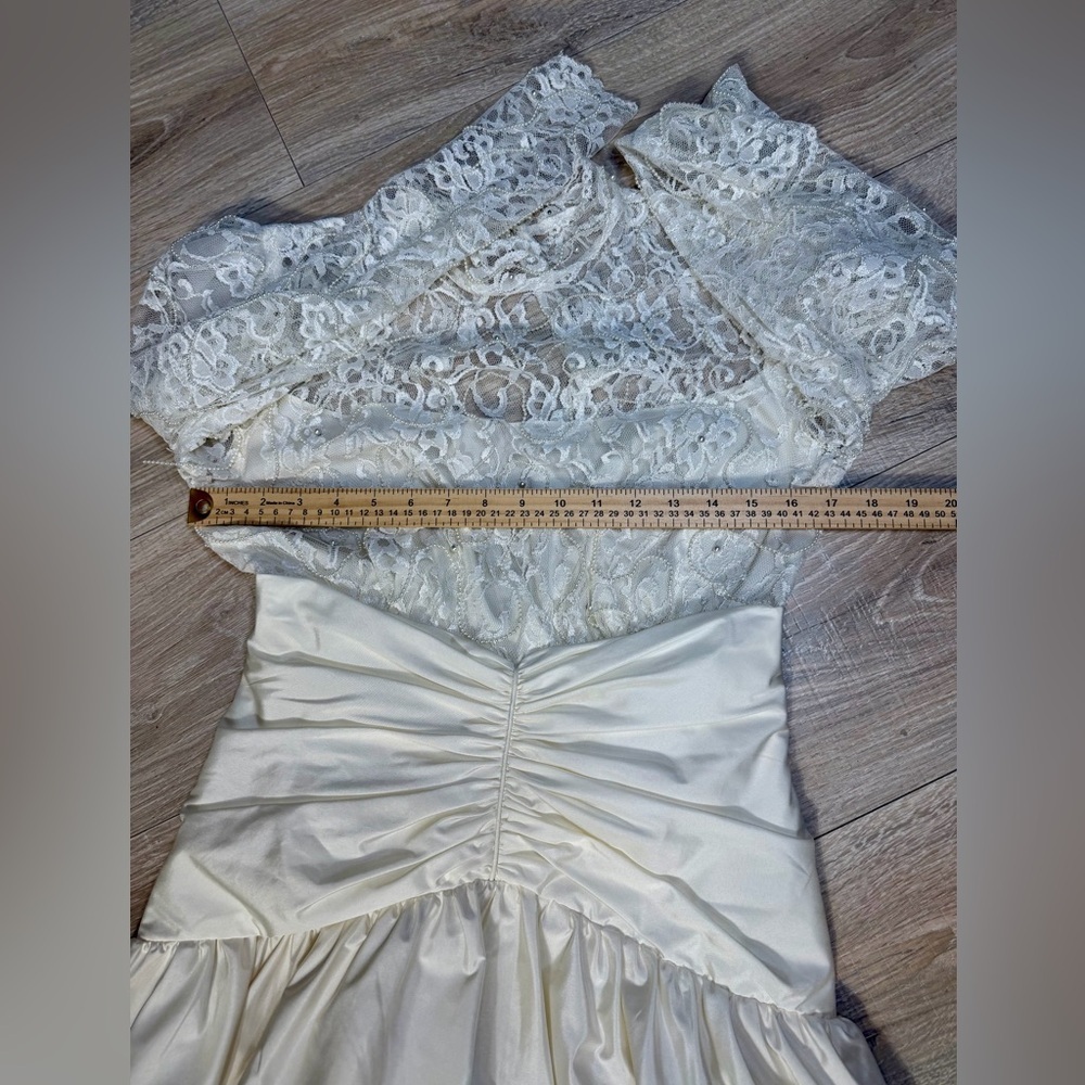 Dessy Creations Vintage Ivory Lace Tea-Length Wedding Dress Ruched Waist - Picture 14 of 16